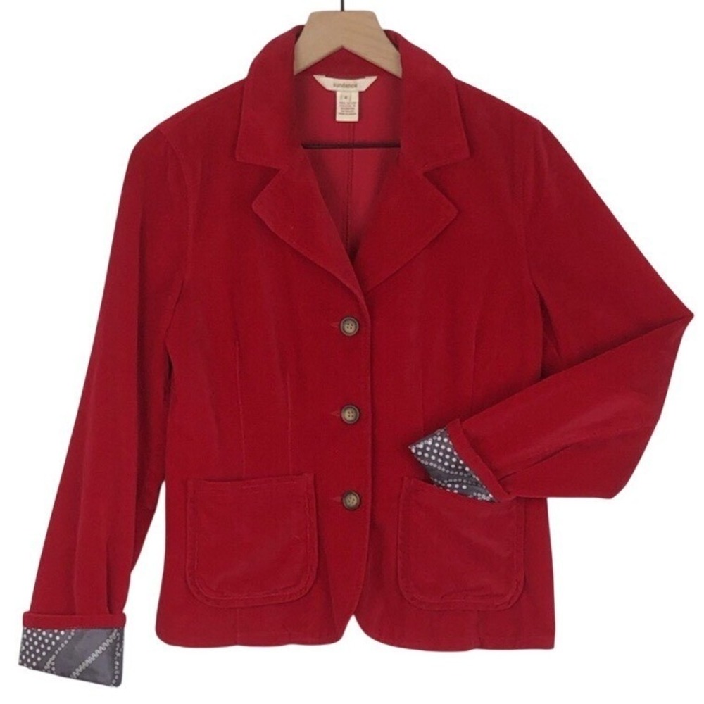 SUNDANCE 100% Cotton Velvet‎ Blazer Sz 4 Red Black Contast Cuff Preppy Jacket